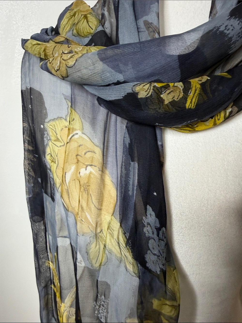 Floral Sheer Scarf in Grayish/blue and Mustard - Women Accessories